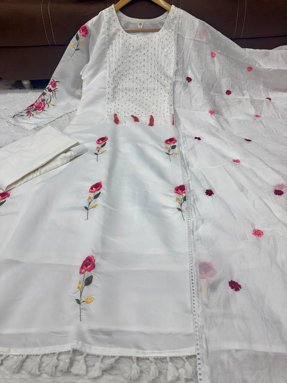 Elegant 3-Piece Festival Set in Premium Chanderi Silk with Gorgeous Embroidered Detailing and Matching Chanderi Dupatta