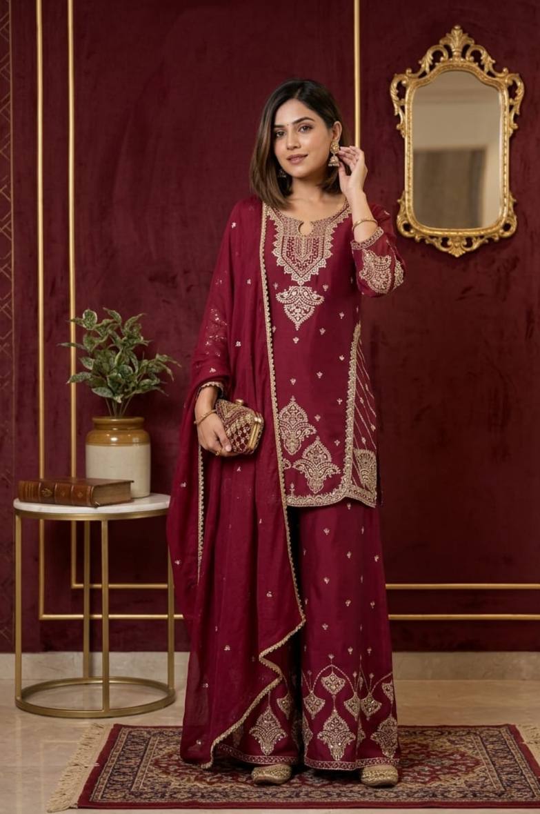 RangBhoomi Designer Wear Festival Exclusive Collection – Premium Embroidered Rangoli Crush Fabric Set with Palazzo and Lace Dupatta