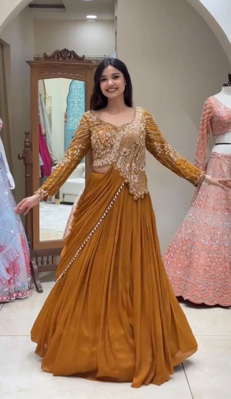 Elegant Embroidered Lehenga Choli Set with Sequins – Fully Stitched Rangoli Fabric Ensemble