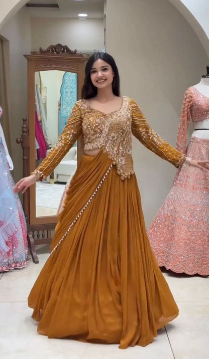 Elegant Embroidered Lehenga Choli Set with Sequins – Fully Stitched Rangoli Fabric Ensemble