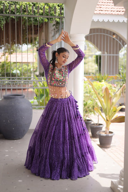 RangBhoomi Bandhni Faux Georgette Full-Stitched Lehenga Set with Designer Square Neck Blouse