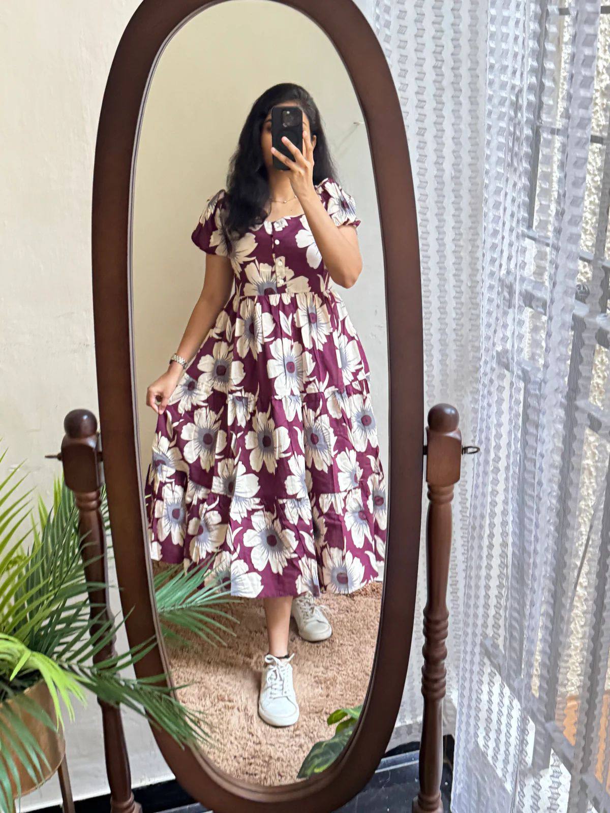 Maroon floral cotton maxi dress with tiered design and button-down front.