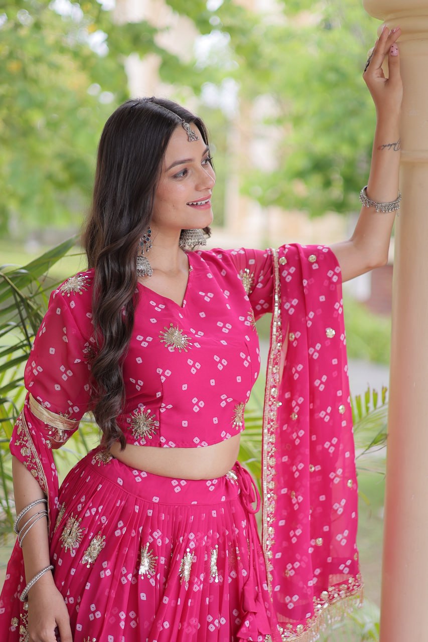 RangBhoomi Four-Color Faux Georgette Bandhej Lehenga Choli Set with Dupatta