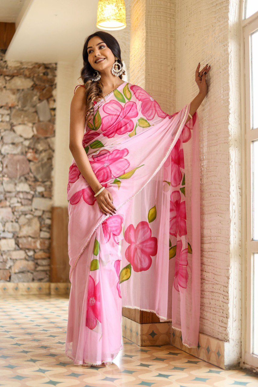 Ready To Wear Pink Floral Saree - Georgette Fabric