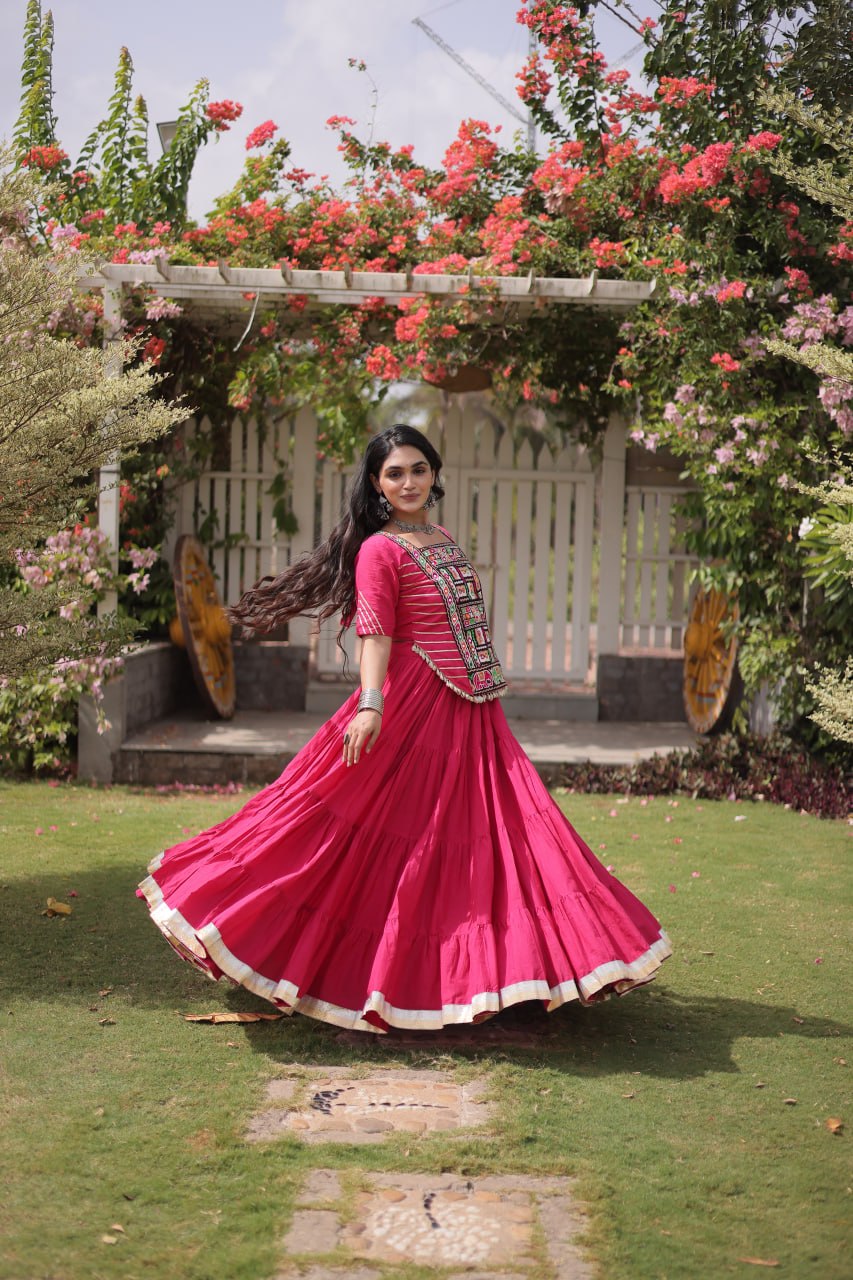 RangBhoomi Navratri 2026 Kora Cotton Full-Stitched Lehenga & Blouse Set — L (40", Adjustable 38–44)