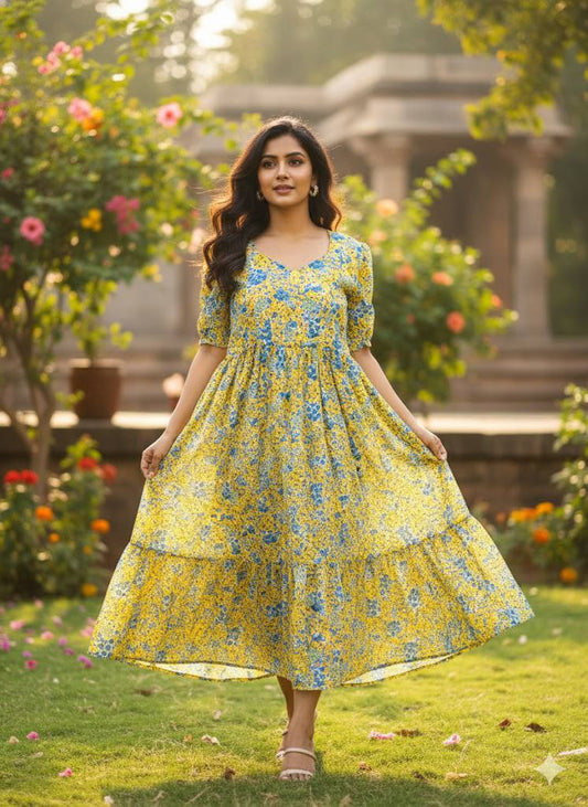 Yellow georgette maxi dress with blue floral print and short puffed sleeves.