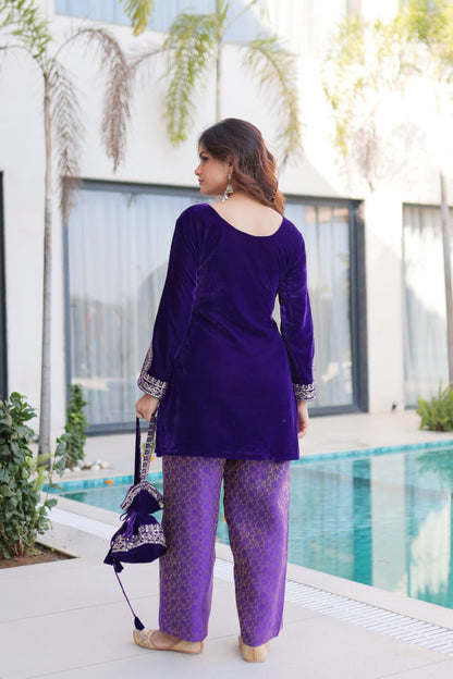 Ready-to-Wear Velvet Top and Pant Set with Embroidered Batwa from RangBhoomi Collection