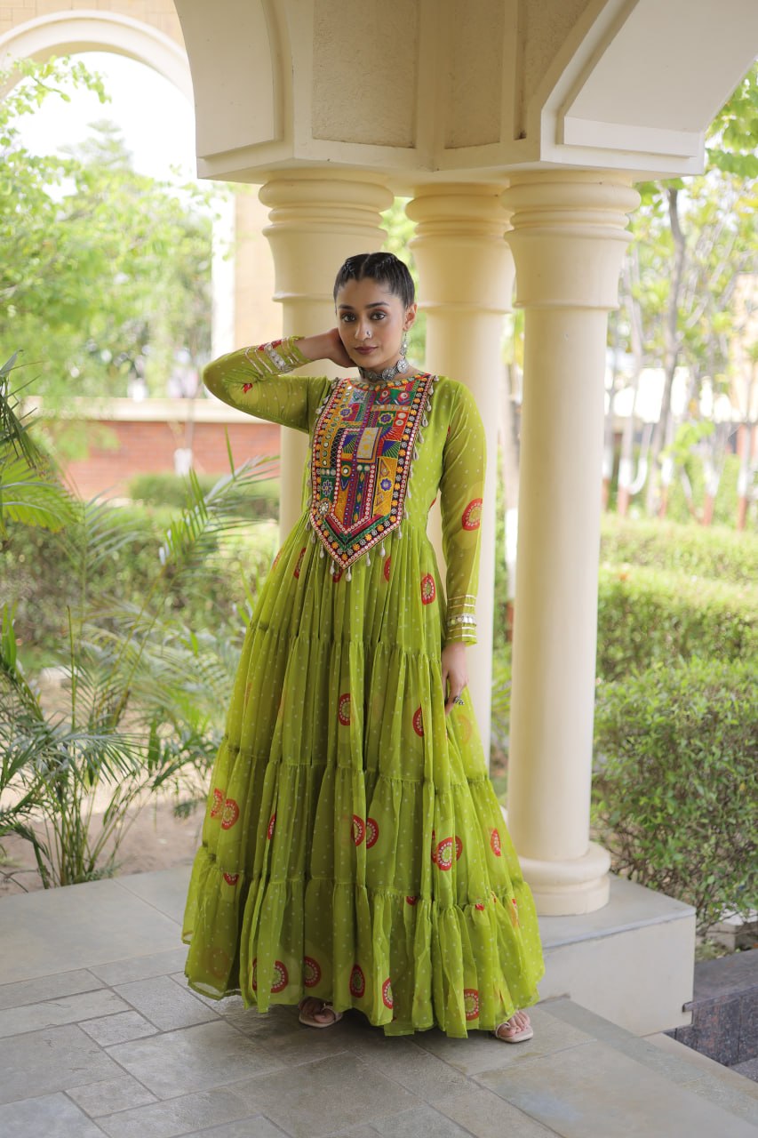 RangBhoomi Bandhani & Kutchi Patchwork Faux Georgette Gown — Navratri Collection 2026