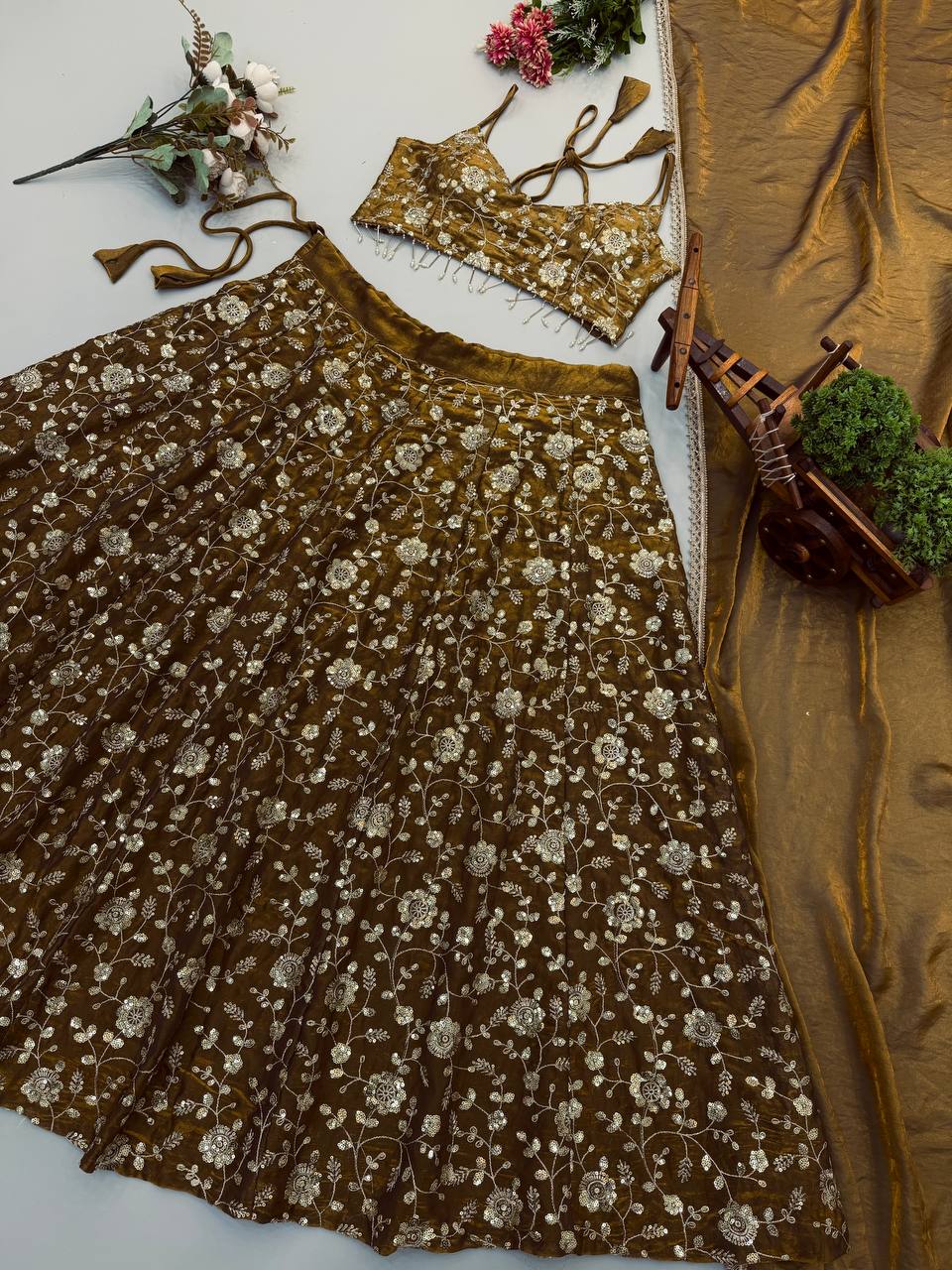 Elegant 3mm Embroidered Sequence Lehenga Three-Piece Set — RangBhoomi