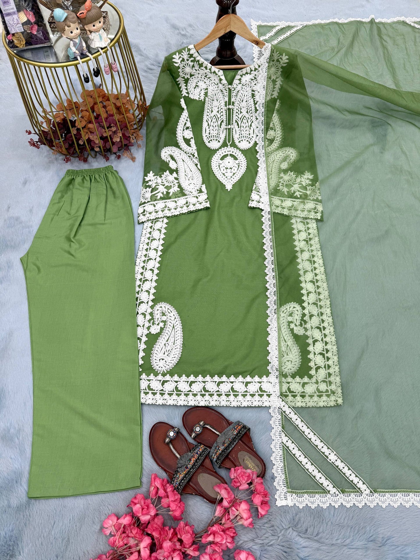 Elegant Designer Party Wear Set with Pure Soft Nylon Organza Silk Top, Palazzo Pants & Dupatta