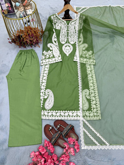 Elegant Designer Party Wear Set with Pure Soft Nylon Organza Silk Top, Palazzo Pants & Dupatta
