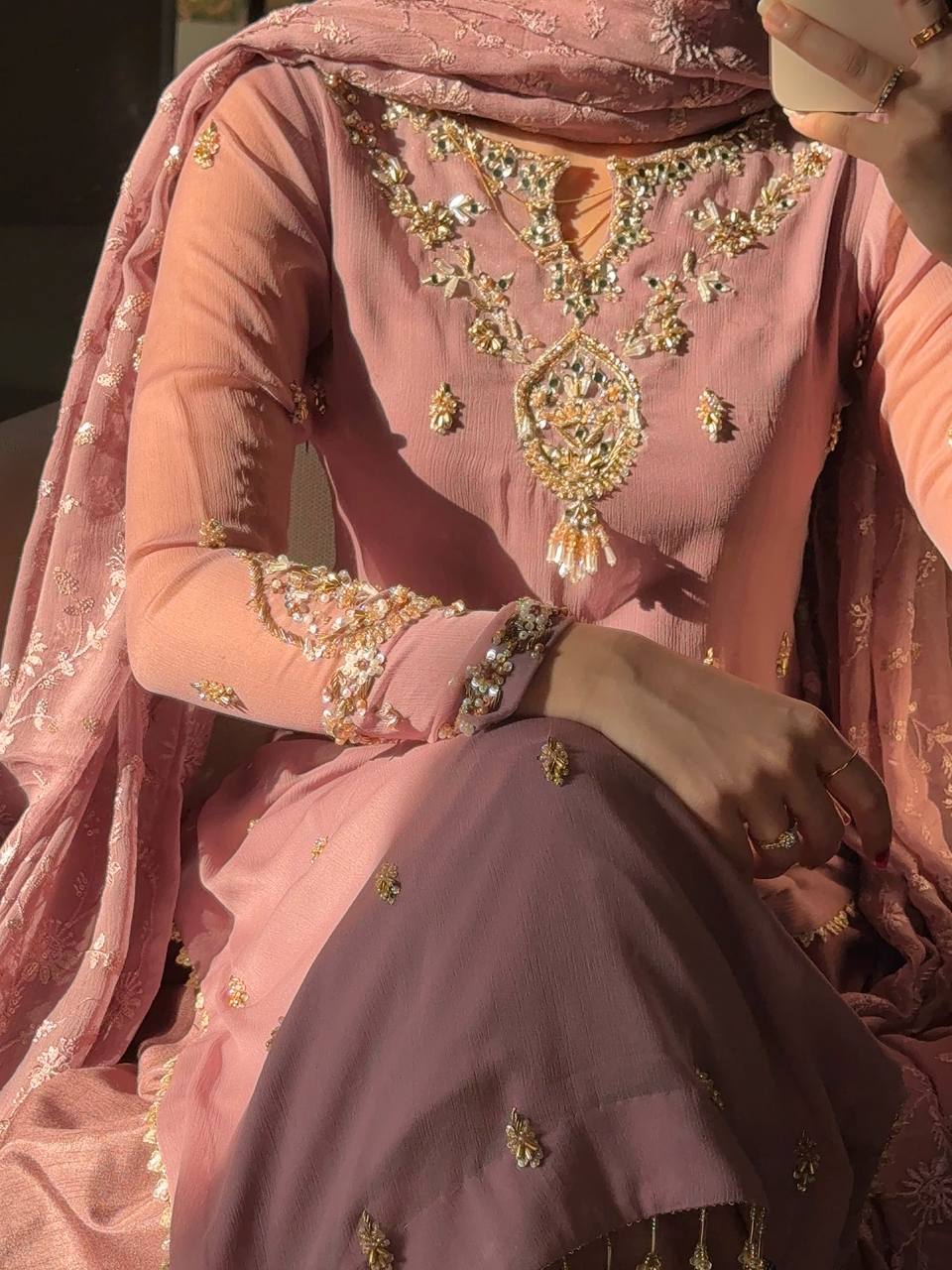 Embroidered Sequined Faux Georgette Top, Bottom, and Dupatta Set – Fully Stitched and Ready to Wear