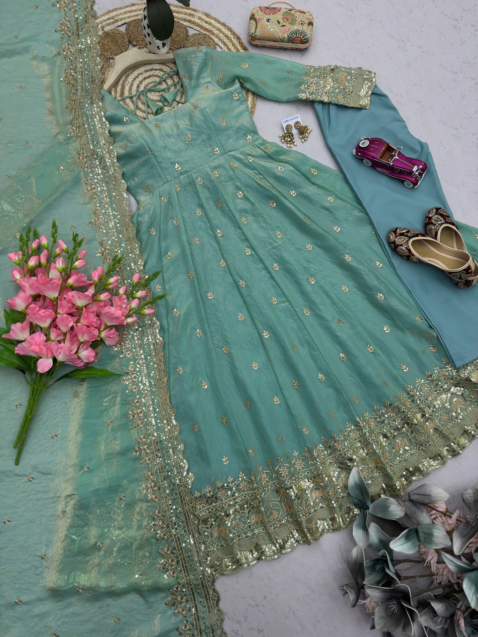 RangBhoomi Designer Embroidered Party Gown with Dupatta & Pant — Heavy Fandy Silk, 17 Colours