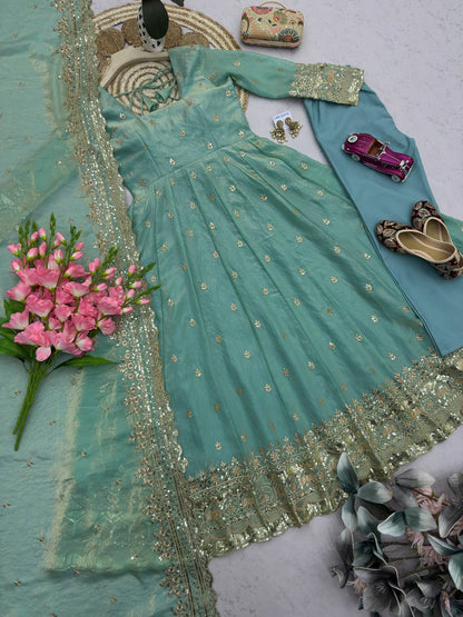 RangBhoomi Designer Embroidered Party Gown with Dupatta & Pant — Heavy Fandy Silk, 17 Colours