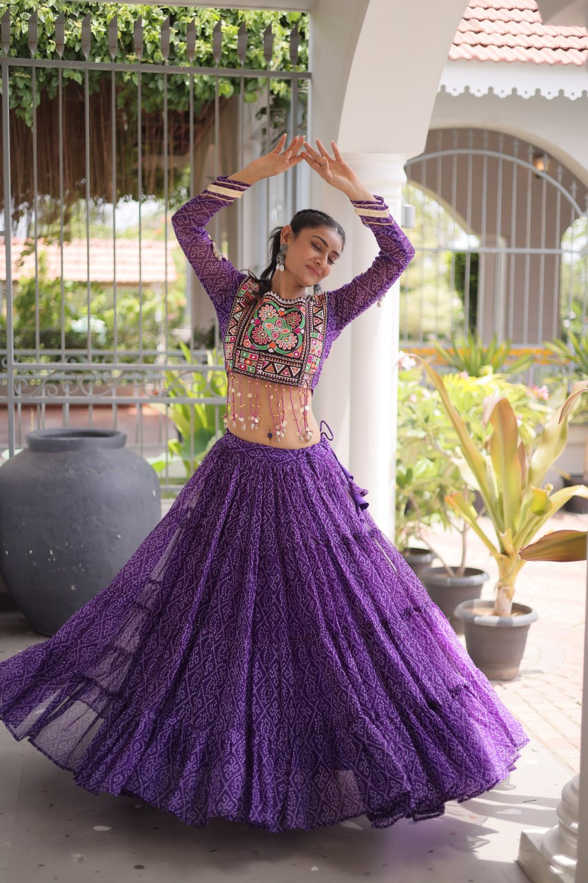 RangBhoomi Bandhni Faux Georgette Full-Stitched Lehenga Set with Designer Square Neck Blouse