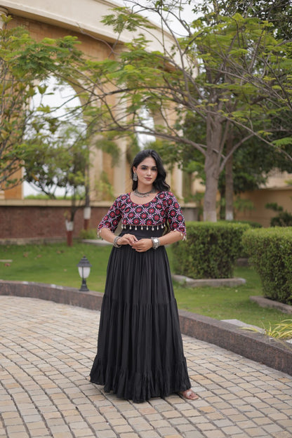 RangBhoomi Navratri Embroidered Kora Cotton Gown — 54" Length, Half Sleeve (Maroon / Black)