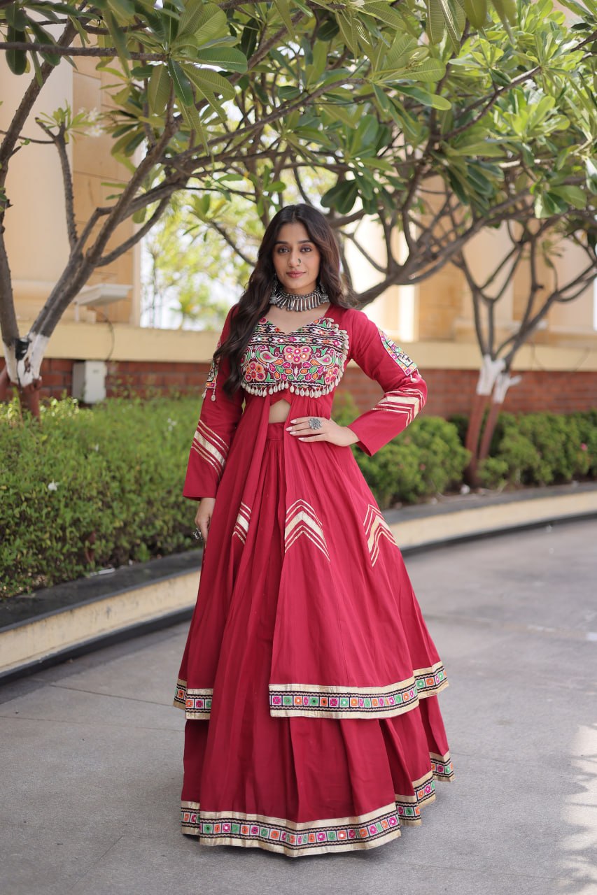 RangBhoomi Feather-Light Jacket Lehenga Set – Lotus Handwork, Long Jacket Ready-to-Wear