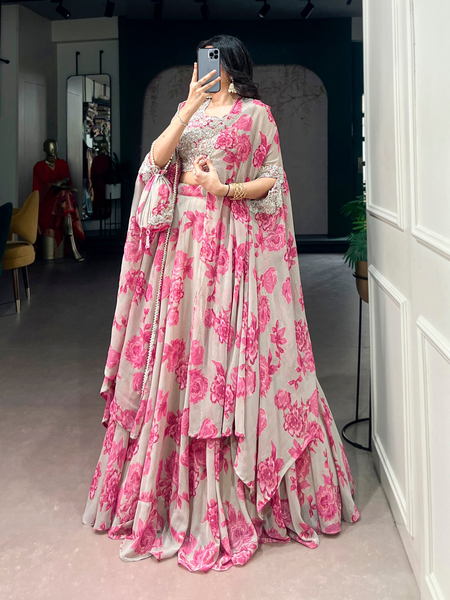 RangBhoomi Pastel Cape Style Lehenga - Ready-to-Wear Embroidered Set