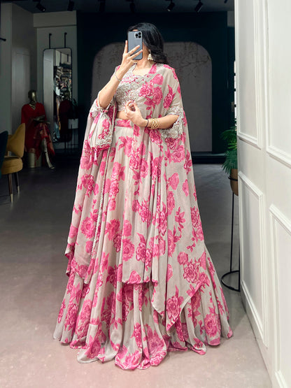 RangBhoomi Pastel Cape Style Lehenga - Ready-to-Wear Embroidered Set