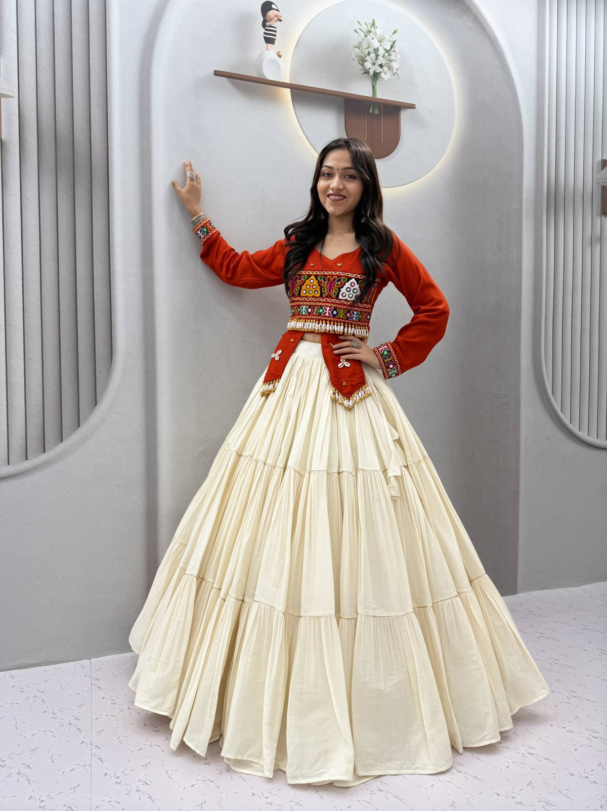 RangBhoomi Navratri Hand-Work 9m Flair Lehenga Choli - Pure Cotton Top & Kora Cotton Skirt