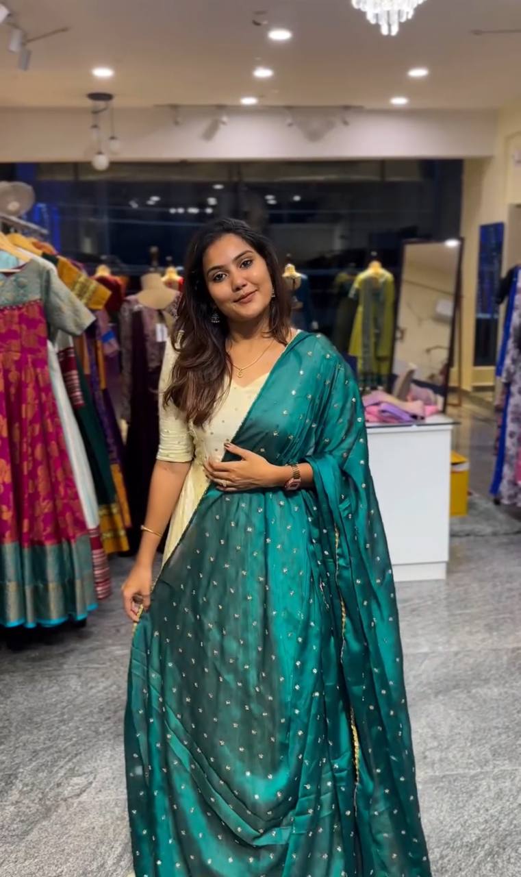 Model wearing Green Victoria Suit Set with embroidered dupatta.
