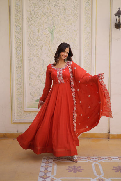 Elegant Mal Chanderi Gown and Dupatta Set with Bead Embroidery and Designer Cutwork Lace Border