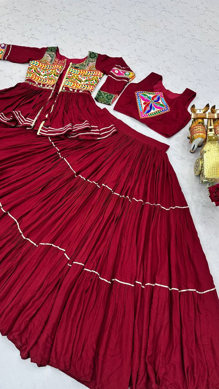 RangBhoomi Navratri Special Gamathi Work 9m Flair Pure Cotton Lehenga Choli - Fully Stitched