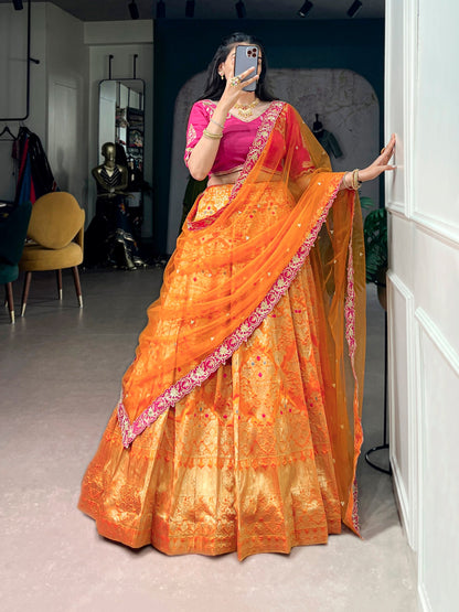 RangBhoomi Jacquard Silk Lehenga — Festive Embroidered Set with Net Dupatta
