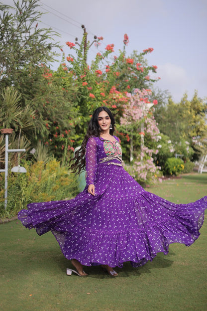 RangBhoomi Bandhani & Kutchi Patchwork Faux Georgette Gown — Full Sleeve, 12m Flair, Cotton Lining