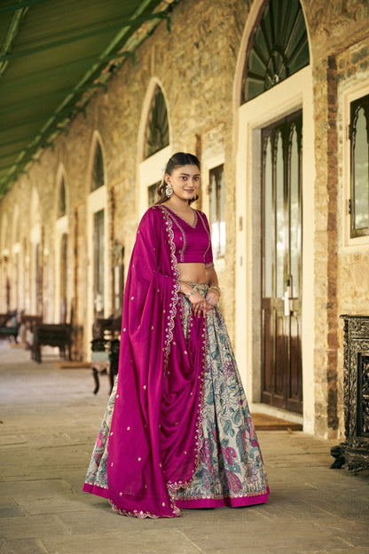 Elegant Kalamkari Silk Lehenga Set with Embroidered Dupatta for Festive and Traditional Occasions