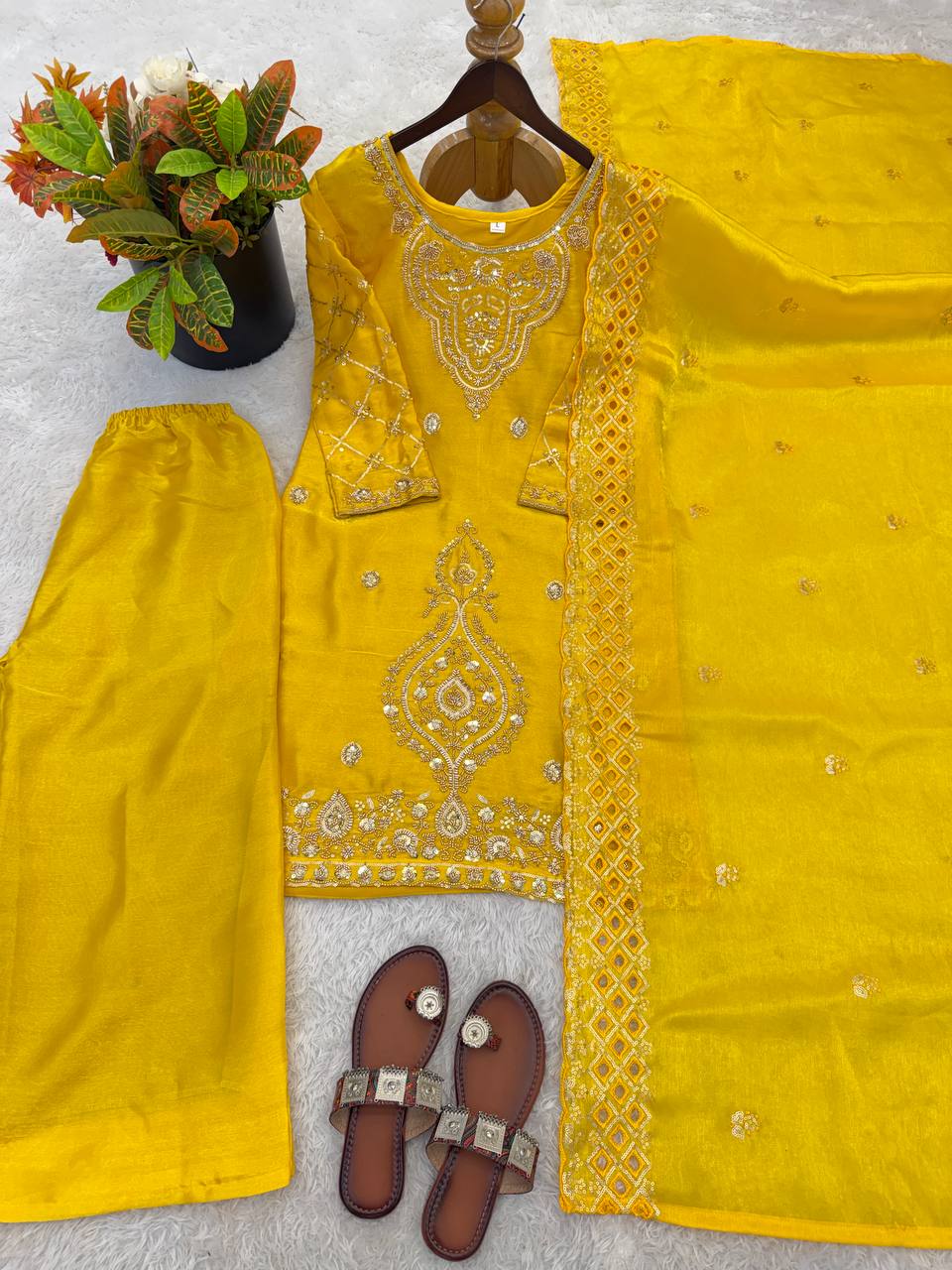 Elegant Designer Party Wear Top, Palazzos, and Dupatta Set with Intricate Heavy Embroidery and Beaded Detailing
