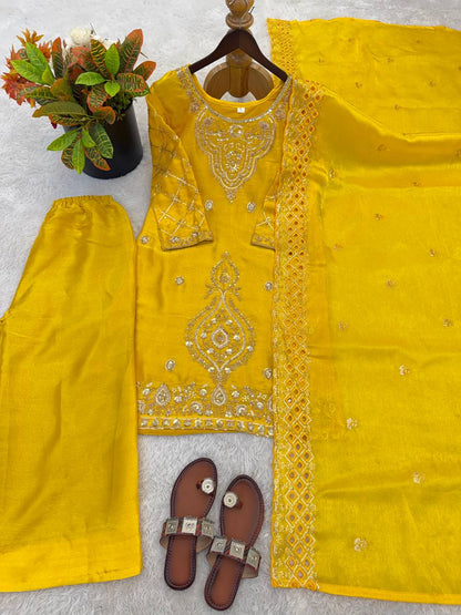 Elegant Designer Party Wear Top, Palazzos, and Dupatta Set with Intricate Heavy Embroidery and Beaded Detailing