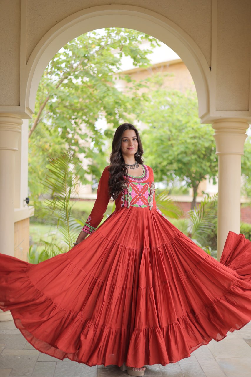 RangBhoomi Navratri Embroidered Kora Cotton Gown - Full Sleeve 54" Length (Rust, Purple)