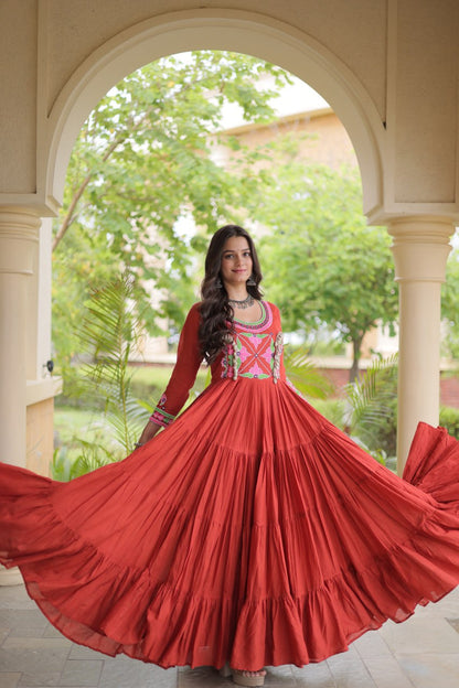 RangBhoomi Navratri Embroidered Kora Cotton Gown - Full Sleeve 54" Length (Rust, Purple)
