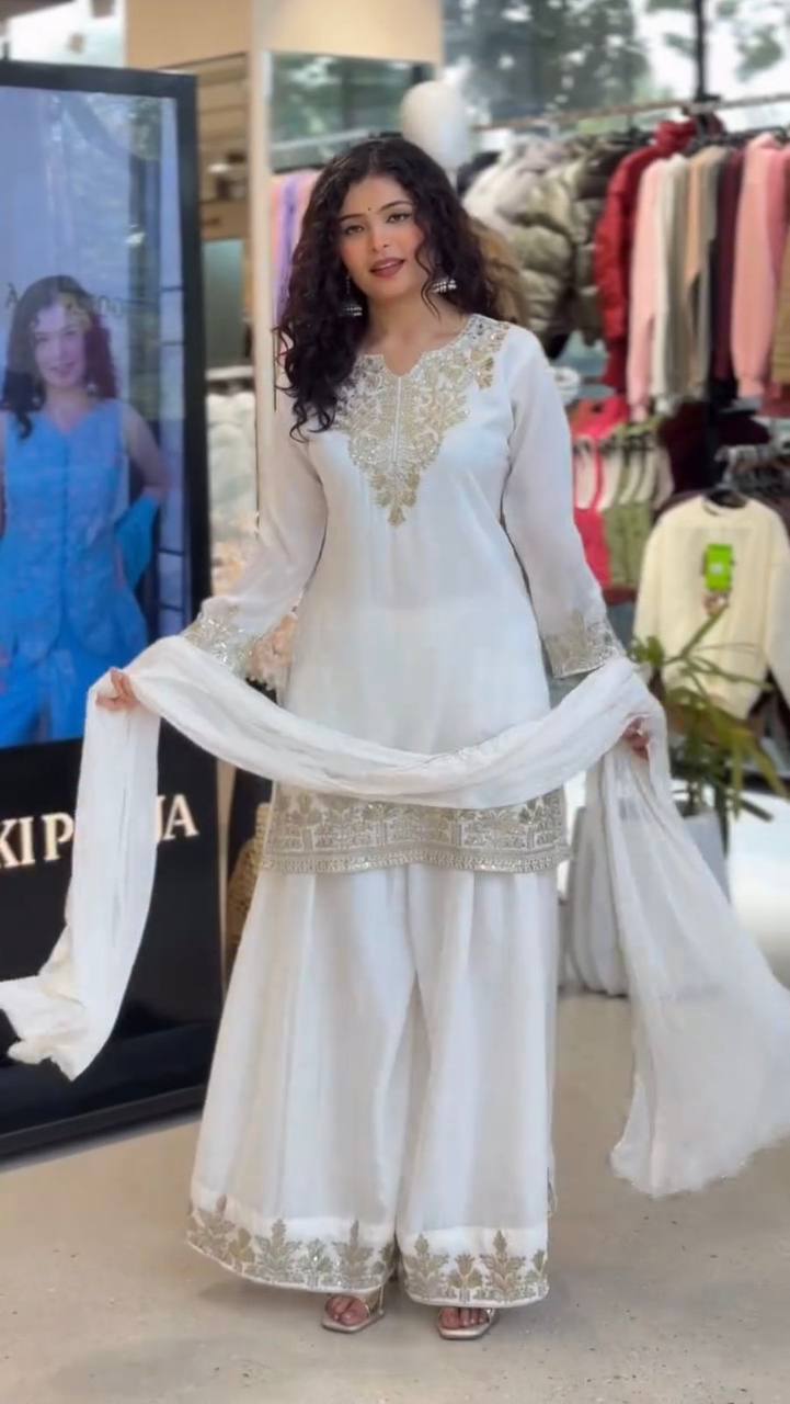 Elegant and Comfortable Wedding Season Suit Set with Sequined Embroidered Top, Palazzo Pants, and Lace-Trimmed Dupatta by RangBhoomi