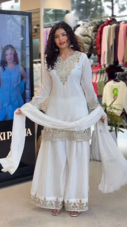 Elegant and Comfortable Wedding Season Suit Set with Sequined Embroidered Top, Palazzo Pants, and Lace-Trimmed Dupatta by RangBhoomi