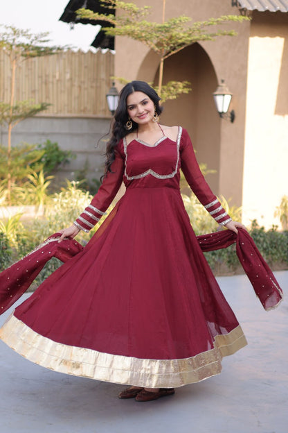 RangBhoomi Silver Mirror Lace Gown with Dupatta - Elegant Occasion Wear