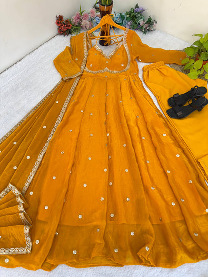 Elegant Party Wear Fendi Satin Gown Set with Dupatta and Pants Featuring 3MM Rembo Sequin and Zari Embroidery