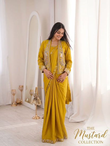 RangBhoomi Ready-to-Wear Embroidered Party Jacket and Saree Set in Elegant Red