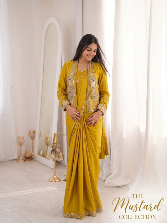 RangBhoomi Ready-to-Wear Embroidered Party Jacket and Saree Set in Elegant Red