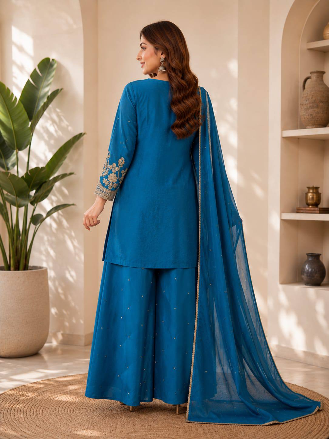 RangBhoomi Designer Festival Ensemble - Embroidered Chinon Top with Rangoli Crush Palazzo & Dupatta