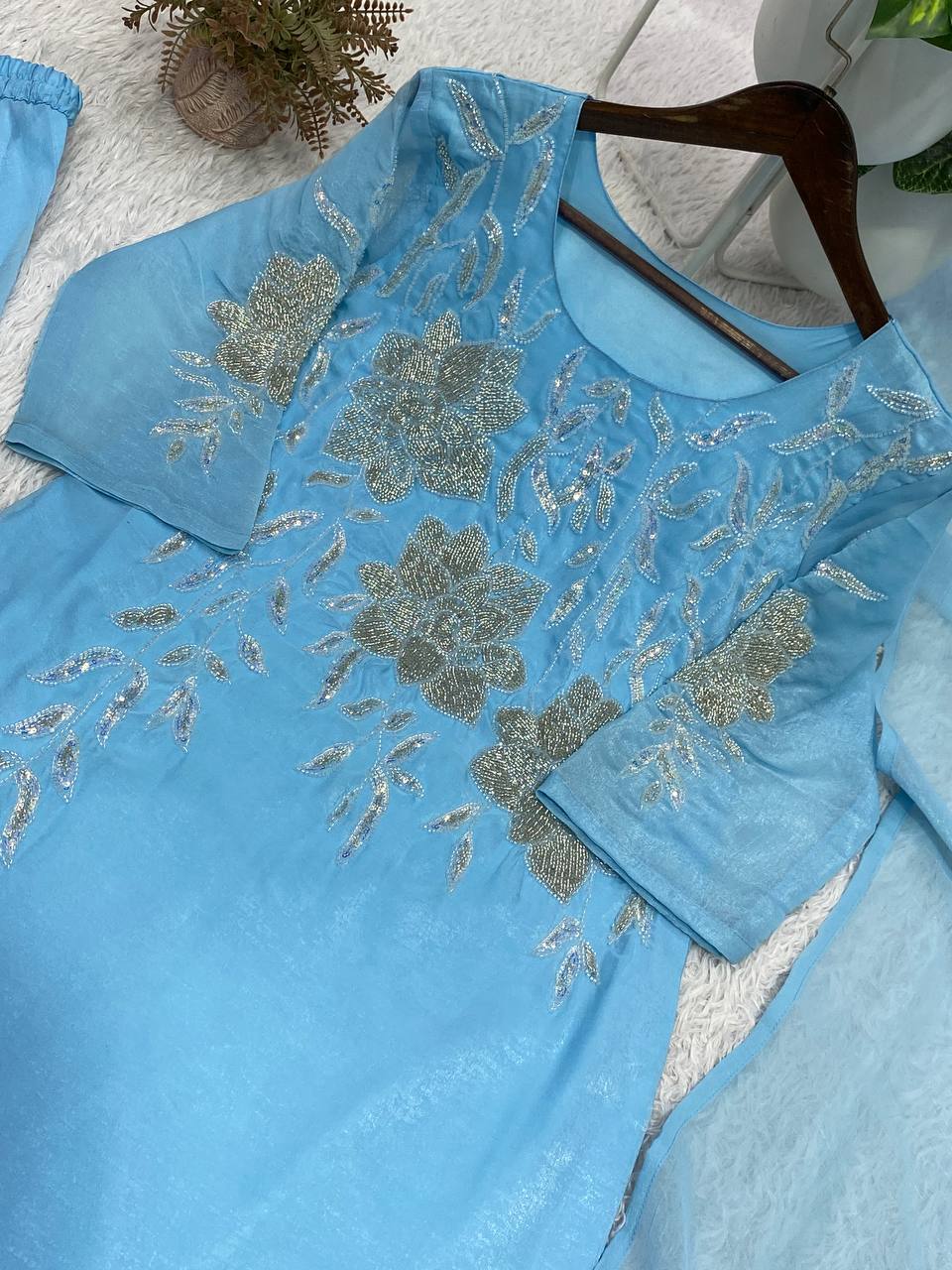 Elegant Designer Bead and Sequin Embroidered Palazzo Suit with Dupatta for Wedding Season