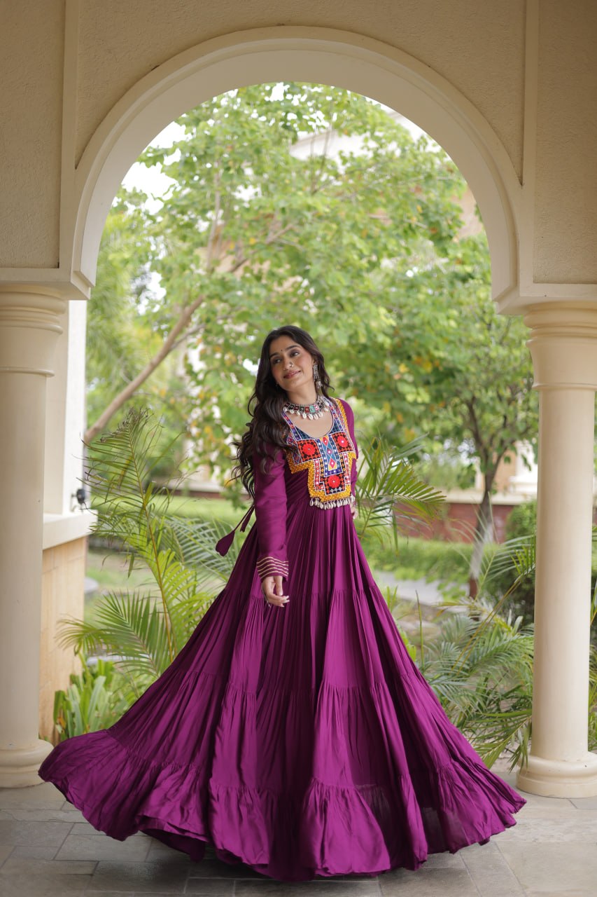 RangBhoomi Navratri Gown Collection 2026 — Wine, Rama & White Embroidered Mirror Work Gown