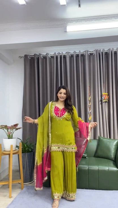 RangBhoomi Roman Glass Mirror-Work Ethnic Set — Fully Stitched Kurta, Palazzo & Kota Dupatta