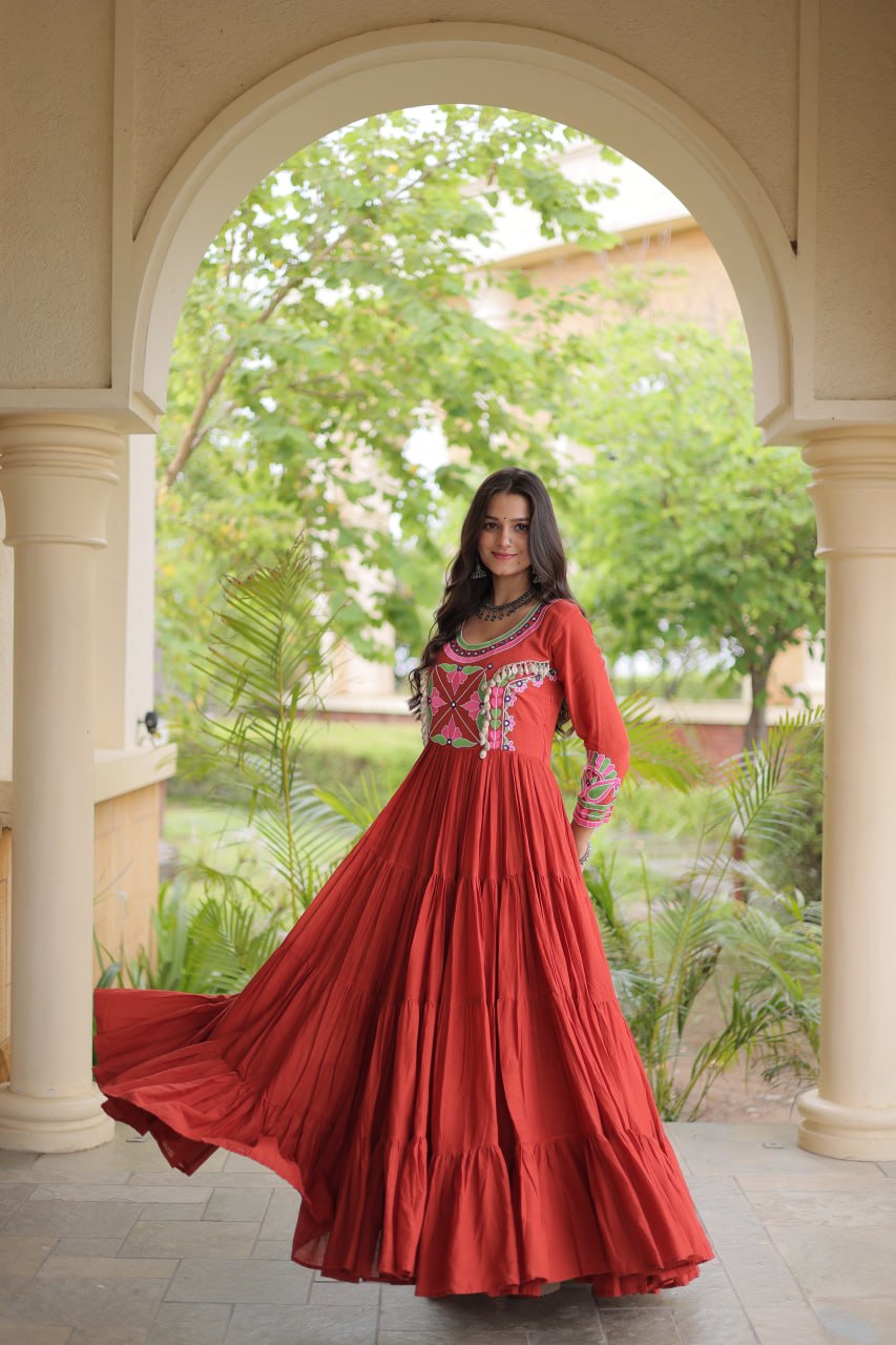 RangBhoomi Navratri Embroidered Kora Cotton Gown - Full Sleeve 54" Length (Rust, Purple)