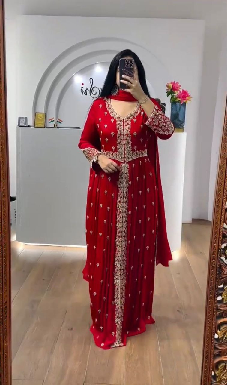 Exclusive Embroidered Fox Georgette Gown with Matching Dupatta