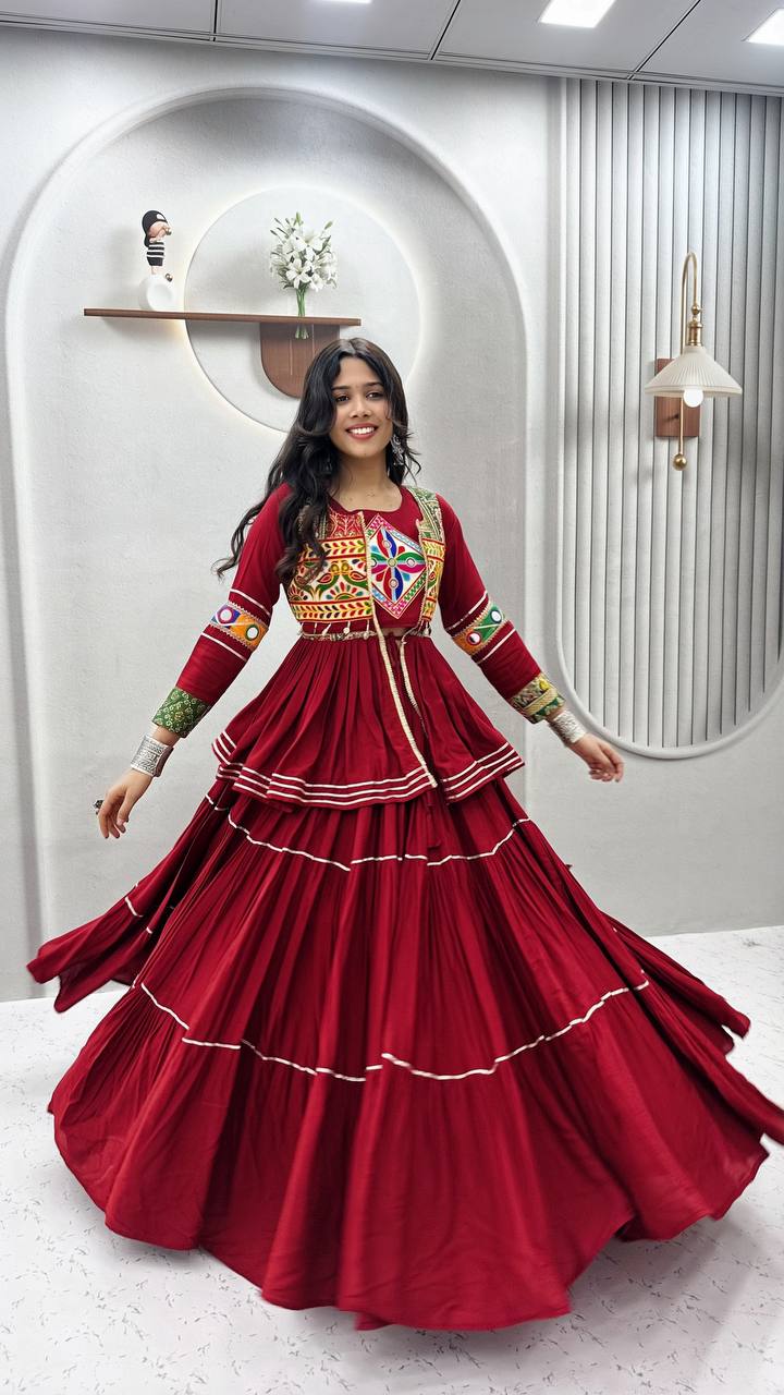RangBhoomi Navratri Special Gamathi Work 9m Flair Pure Cotton Lehenga Choli - Fully Stitched