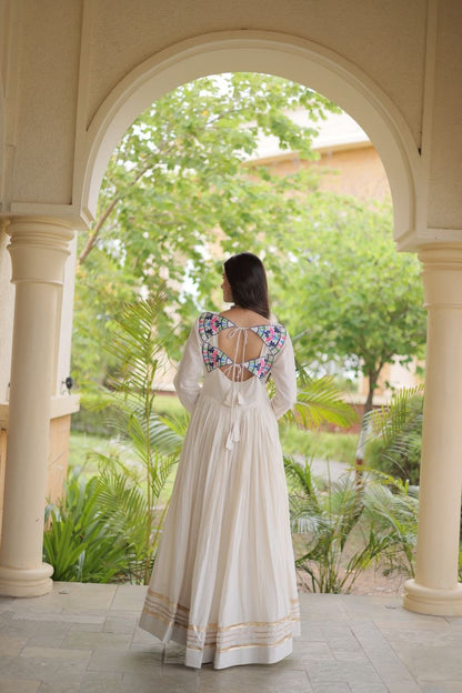 RangBhoomi Navratri Embroidered Kora Cotton Gown — Parrot & Off-White