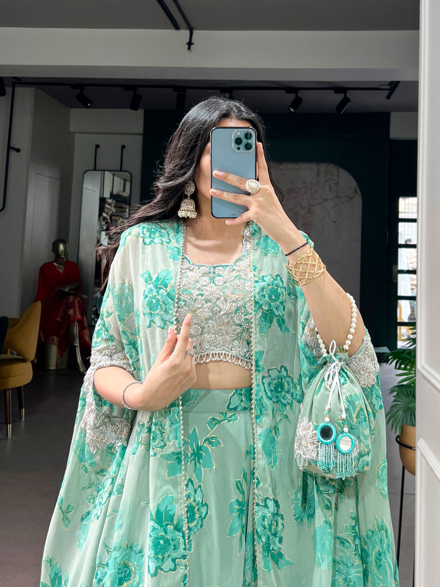 RangBhoomi Pastel Cape Style Lehenga - Ready-to-Wear Embroidered Set