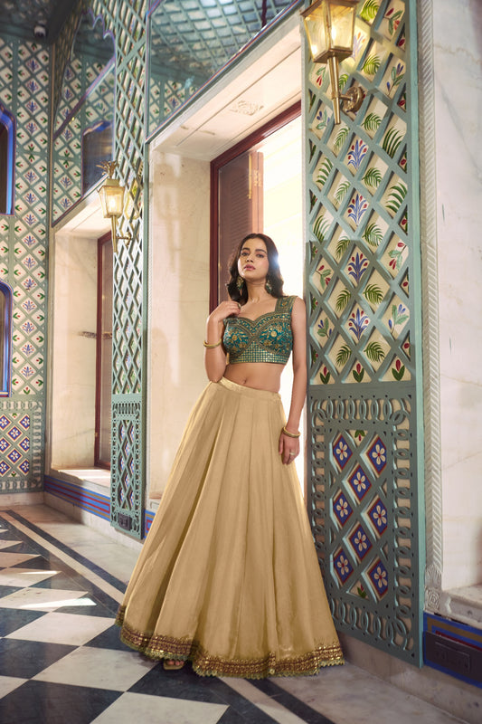 Zariya Muse Elegant Fendi Fabric Lehenga with Lace Accents and Embroidered Bengali Blouse